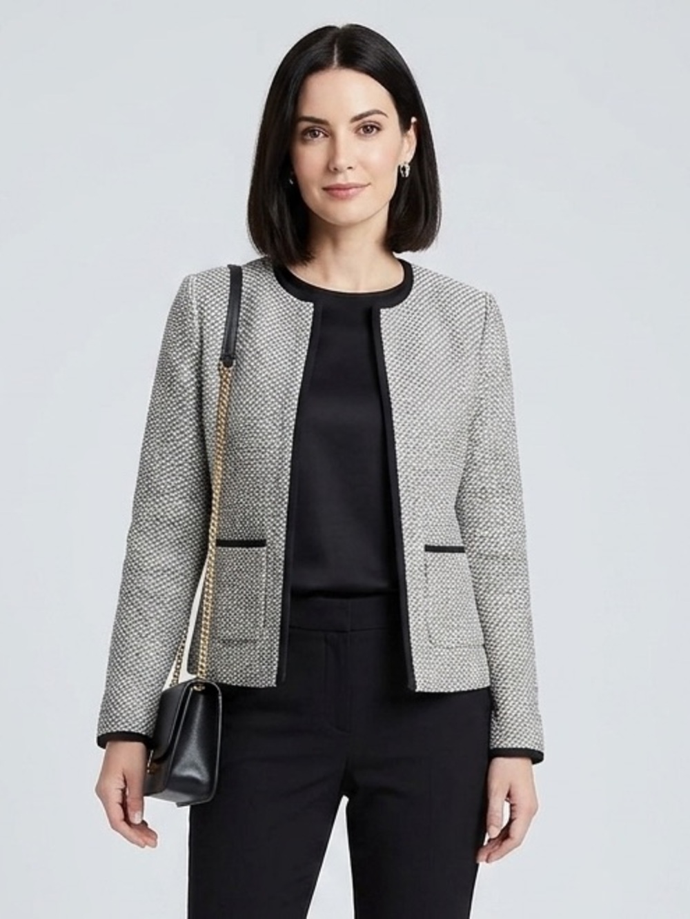 DANA BUCHMAN Tweed Blazer Sz L Faux Leather Trim Pockets Wool Blend